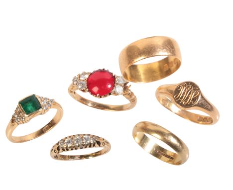 A COLLECTION OF GOLD & GEM-SET RINGSincluding an antique Victorian diamond five stone ring in 18ct gold, set with five old cu