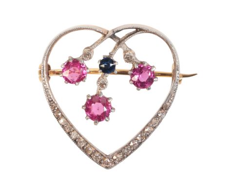 A SYNTHETIC RUBY, SAPPHIRE AND DIAMOND HEART BROOCHin 18ct gold and silver, set with three principal round cut synthetic rubi
