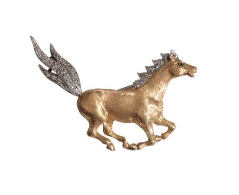 A VINTAGE DIAMOND HORSE BROOCHin 18ct gold, bushed textured body, set mane and tail set with round brilliant cut diamonds, ma