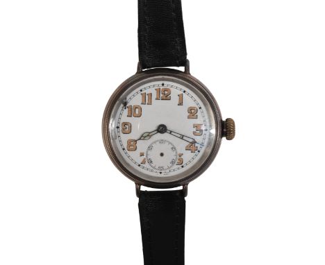 A GENTLEMAN'S SILVER CASE TRENCH WATCHwith manual wind movement, the white enamel dial with luminous Arabic numerals, subsidi
