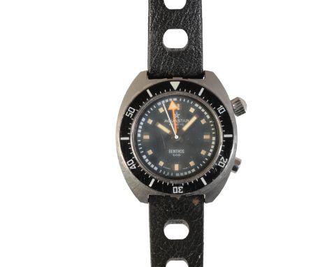 AQUASTAR: A GENTLEMAN'S STAINLESS STEEL DIVERS WATCHwith Benthos 500 manual wind movement, the black dial with luminous baton