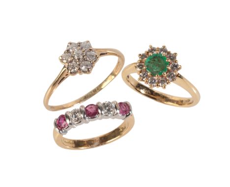 A GROUP LOT OF DIAMOND AND GEM-SET RINGSincluding an emerald and diamond cluster ring in 18ct gold, set with an oval cut emer