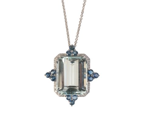 AN AQUAMARINE, SAPPHIRE AND DIAMOND PENDANT NECKLACEin platinum, set with a step cut aquamarine of 28.27 carats held in a cla