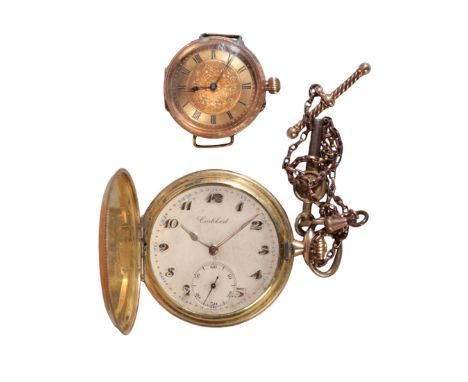 A 14CT GOLD FOB WATCHwith manual wind movement, the gold dial with black Roman numerals and dark blue steel hands, no. 126184