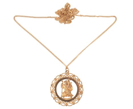 A VINTAGE ST. CHRISTOPHER PENDANT NECKLACEin 9ct gold, comprising an open circular pendant depicting St Christopher, in a sty
