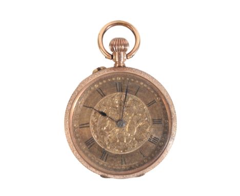 AN ANTIQUE FOB WATCHcased in 9ct gold, the dial with engraved detailing to the centre, painted Roman numerals, Breguet style 