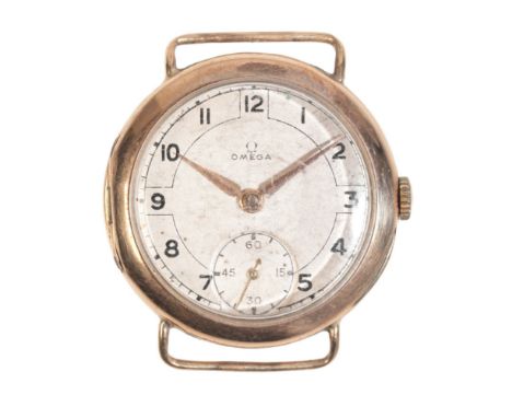 OMEGA: A GENTLEMAN'S 9CT GOLD TRENCH WATCHwith manual wind movement, the silver dial with subsidiary seconds dial, black Arab