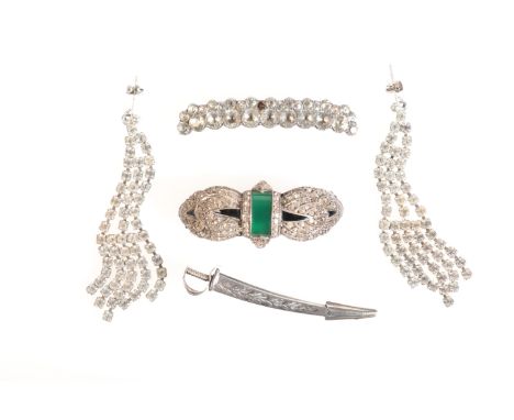 A COLLECTION OF COSTUME JEWELLERYincluding a pair of paste chandelier earrings, set with round cut paste stones, secured with