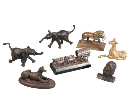 A WHITE METAL MODEL OF OXEN WITH WAGON 4cm high, together with six animal figures in various media (7)