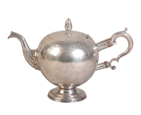 A GEORGE II SILVER TEAPOTby AF, Newcastle c. 1750, of bullet shape form, the plain body with shaped and engraved floral rim, 