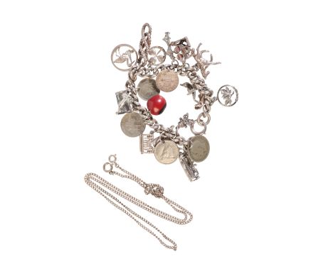 A CHARM BRACELET AND CHAINin sterling silver, the charm bracelet comprising a series of curb links, suspending twenty charms,