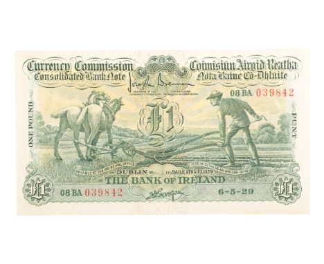 A PLOUGHMAN SERIES £1 BANK OF IRELAND NOTE6-5-29 note in AUNC condition, serial number 08BA 039842 dated 6-5-29 and signed by