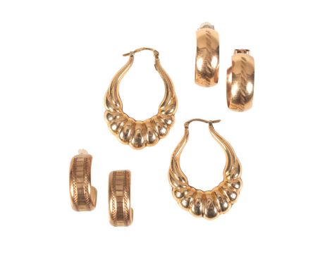 A COLLECTION OF EARRINGSin 9ct gold, including a pair of stylised drop earrings, full British hallmarks, 3.5cm; together with