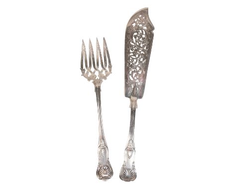 A VICTORIAN SILVER KINGS PATTERN FISH SLICE AND SERVING FORKboth by George Adams, the fish slice London 1879, the fork London