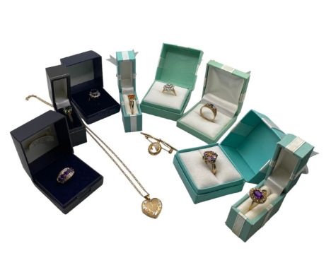 A COLLECTION OF 9CT GOLD JEWELLERY&nbsp;including a diamond cluster ring; a multi-gem cluster ring; a sapphire and diamond cl