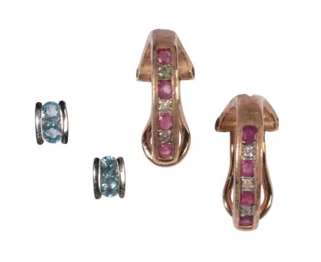 TWO PAIRS OF GEM-SET EARRINGSincluding a pair of ruby and diamond half hoop earrings in 9ct gold, each channel set with alter