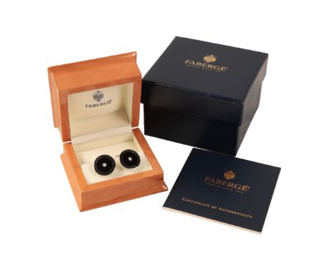 FABERGÉ: A PAIR OF LIMITED EDITION PURPLE ENAMEL AND DIAMOND CUFFLINKSin 18ct white gold, the terminals set with dark purple 