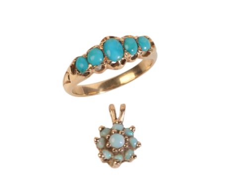 A TURQUOISE FIVE STONE RING & OPAL PENDANTthe ring in 18ct gold, set with five turquoise cabochons held in claw settings, to 