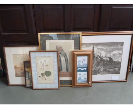 A quantity of pictures and prints to include three Dutch prints of churches, a Botanical print, an original watercolour monog