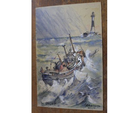 T. Burrough, 'Relief' study of a light house and a ship in rough seas, pen, ink and watercolour on board, dated 30/01/63, sig
