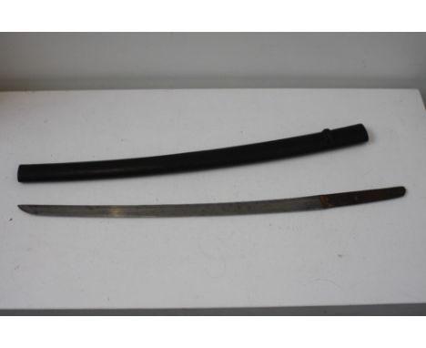 A Japanese Wakizashi short sword, the tang with Japanese script, in ebonized scabbard