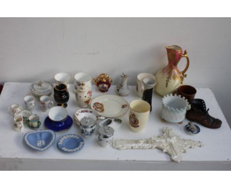 A quantity of china including Wedgwood jasperware, a lustreware crucifix, Greek Pottery, Scarborough Pottery, various commemo