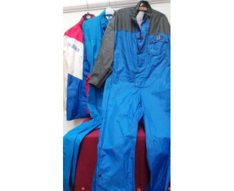 Five 'Belstaff' all-in-one biker suits in waterproof fabric - four lightweight and one with light padded lining. A further 'D