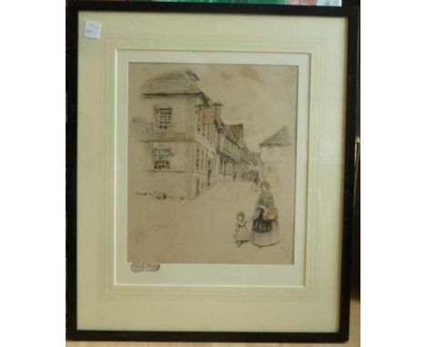 Cecil Aldin, Village scene with a mother and child in the foreground, etching from the 'Old English Inn series' signed in pen