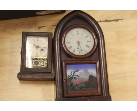 An American Jerome & Co., Newhaven wall clock, with painted glass panel, with a similar mantle clock