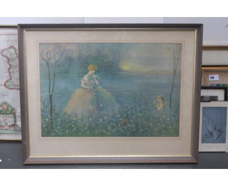 A mixed lot of framed prints including a woman and a fairy, a Regency infantry soldier, a coaching print 'Easy lass' and two 