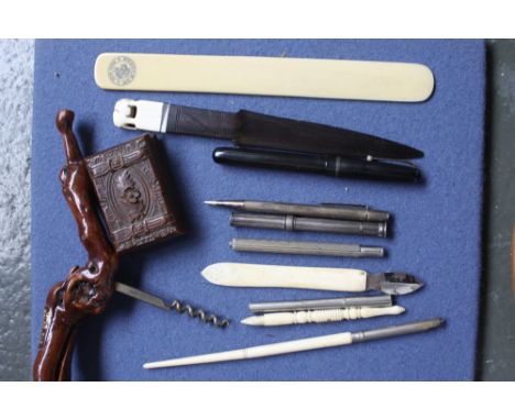 A silver Yard-O-Led pencil, a Morden & Co. retracting silver pencil, a Lowe & Willets Klondike pen, an ebony and bone page tu