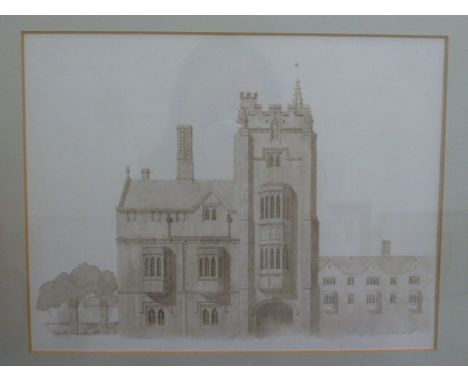 A quantity of pictures including a watercolour of a university building in Gothic taste, an etching of a Moroccan town scape 