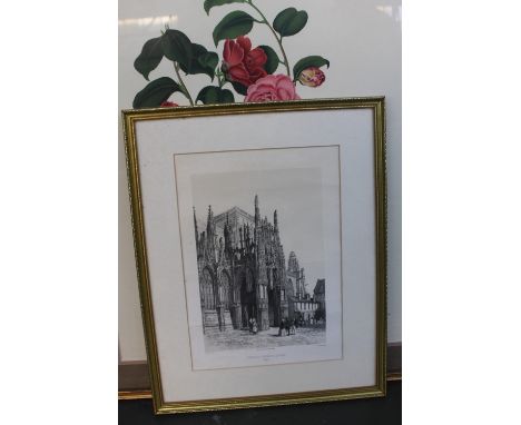A selection of engravings and prints including after F Benoist 'Porche de l'eglise de louviers' lithograph by Ph Benoist, an 