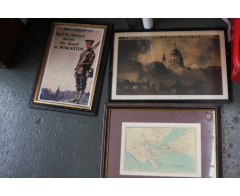 Print, framed and glazed "Our Territorials. Don't Be Alarmed. 'We're on Guard' at Wincanton" 41cm x 26.5cm; poster "St Paul's