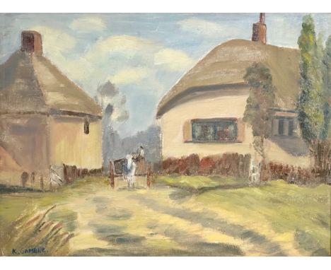 Kathleen Gamble (K. Gamble) Oil on board. Cottages in Sussex. 41cm x 31cm. Frame 54cm x 44cm. 