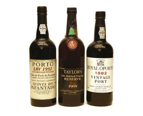 Assorted Port to include: Taylors, Late Bottled Vintage Reserve Port, 1969, one bottle; Royal Oporto, Vintage Port, 1982, one