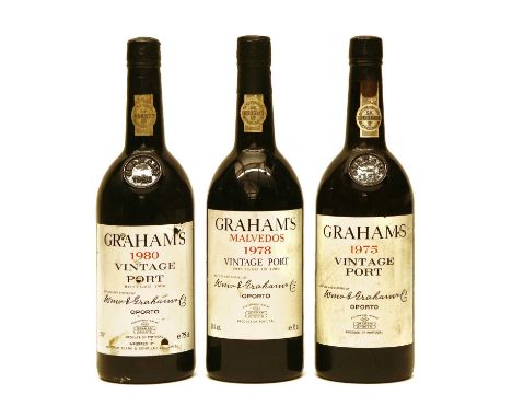 Grahams, Vintage Port, 1975, one bottle (TS) and 1980, one bottle (LN) and Grahams, Malvedos, 1978, one bottle (TS), three bo