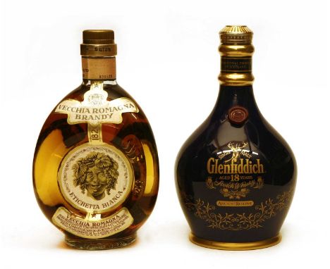 Glenfiddich, Aged 18 Years, Single Malt Scotch Whisky, 43% vol, 70cl, one bottle (boxed) and Vecchia Romagna Brandy, one bott