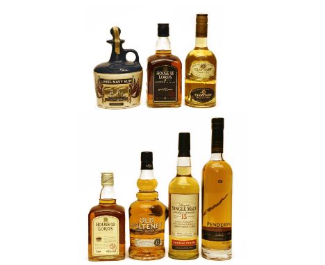 Assorted Whisky to include: Lamb's Navy Rum, in a ceramic flagon depicting HMS Warrior, 40% volume, 750ml, one flagon; Old Pu