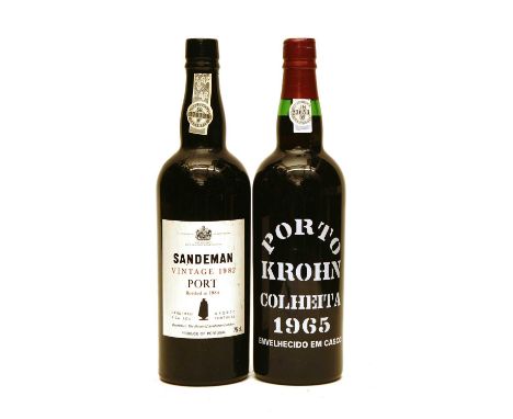 Assorted Port to include: Porto Krohn, Colheita Port, 1965, one bottle and Sandeman, Vintage Port, 1982, one bottle, two bott