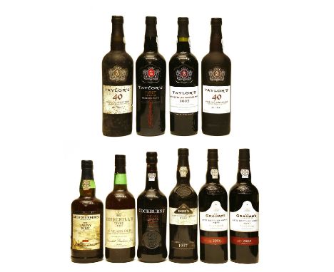 Assorted Port to include: Taylors, 40 Year Old Tawny Port, two bottles (one bottle boxed); Taylors, Late Bottled Vintage, 200
