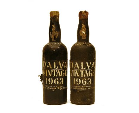 Dalva, Vintage Port, 1963, two bottles, wax capsule damaged, (TS/BN)