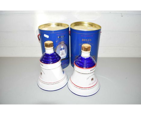 BELLS OLD SCOTCH WHISKEY WEIGHED DECANTERS COMMEMORATING THE BIRTH OF PRINCESS BEATRICE AND PRINCESS EUGENE BOTH SEALED