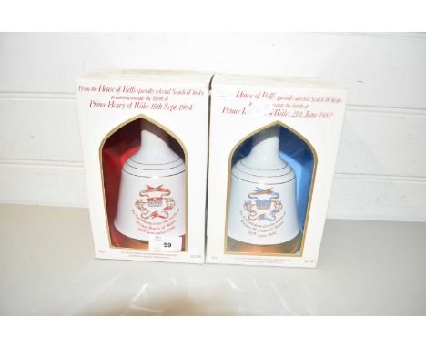 BELLS SCOTCH WHISKEY, TWO COMMEMORATIVE WADE DECANTERS TO COMMEMORATE THE BIRTHS OF PRINCE WILLIAM AND PRINCE HARRY, SEALED A