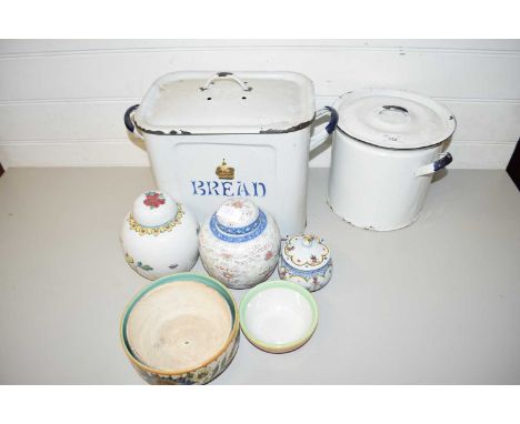 MIXED LOT: ENAMEL BREAD BIN, ENAMEL FLOUR BIN, GINGER JARS, ASSORTED CERAMICS
