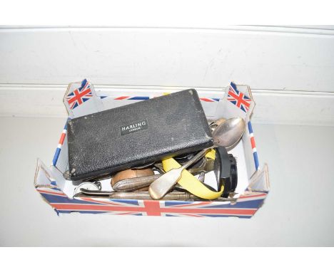 BOX OF VARIOUS ASSORTED CUTLERY, CASED DRAWING INSTRUMENTS, COMPASS AND OTHER ITEMS