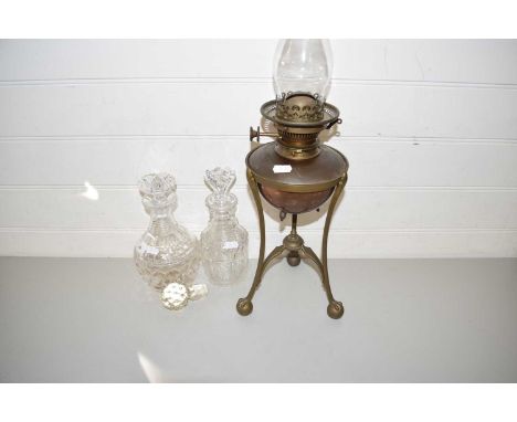 MIXED LOT: COPPER OIL LAMP WITH STAND TOGETHER WITH TWO CUT GLASS DECANTERS