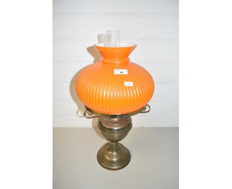 OIL LAMP WITH ORANGE GLASS SHADE
