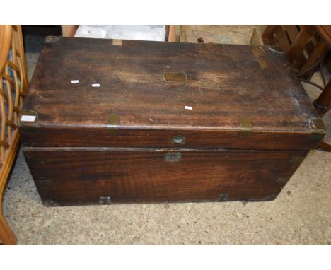 19TH CENTURY CAMPHOR WOOD AND BRASS BOUND TRUNK, HINGES BROKEN AND OVERALL VERY WORN CONDITION, 101 CM WIDE 