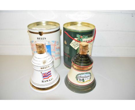 BELLS SCOTCH WHISKEY COMMEMORATIVE DECANTERS, CHRISTMAS 1989 AND HAWAII, SEALED AND FULL